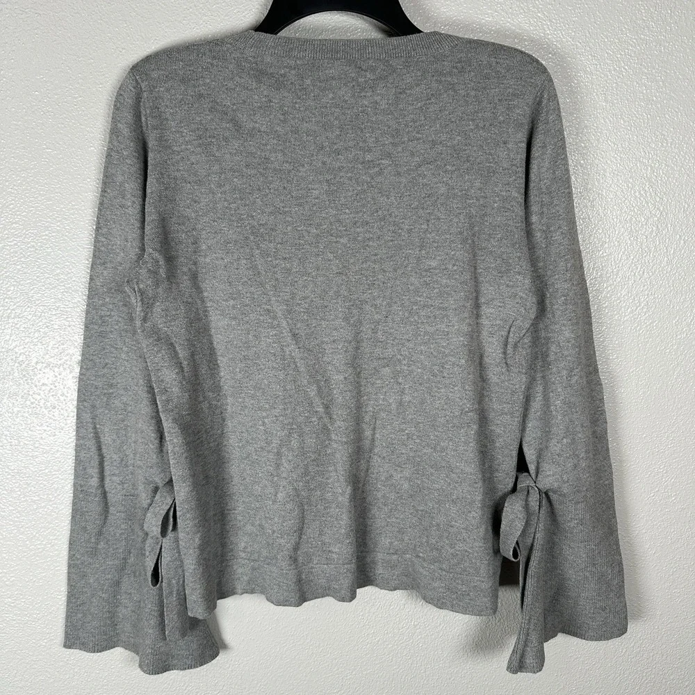 J Crew Tie Bell Sleeve Sweater Womens Small‎ Crewneck Lightweight Gray Cotton